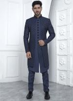 Art Silk Blue Wedding Wear Embroidery Work Readymade Sherwani